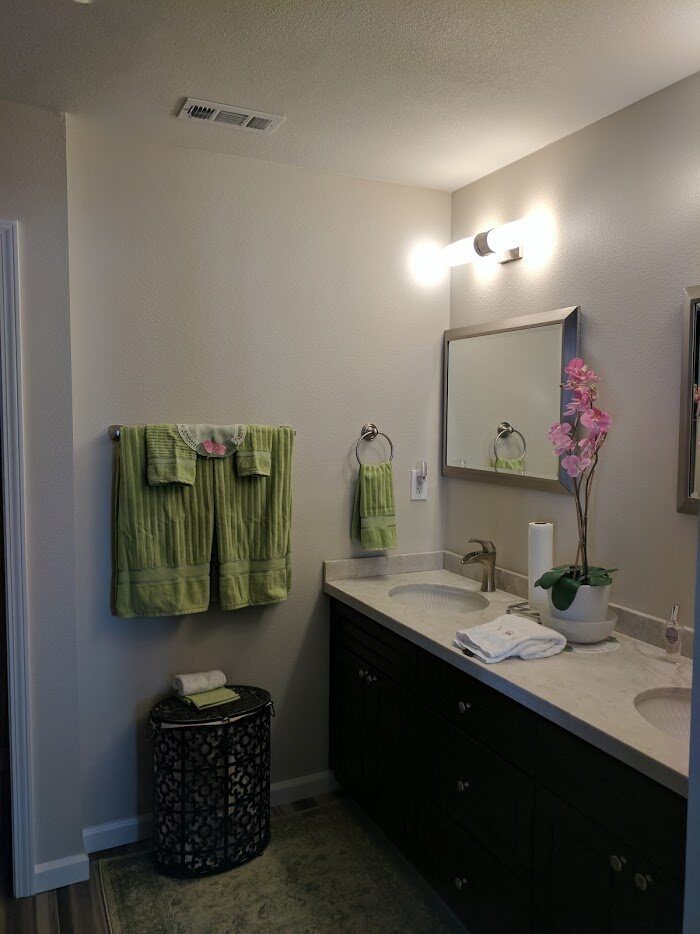 Bathroom with freshly painted light greige walls above a dark double vanity